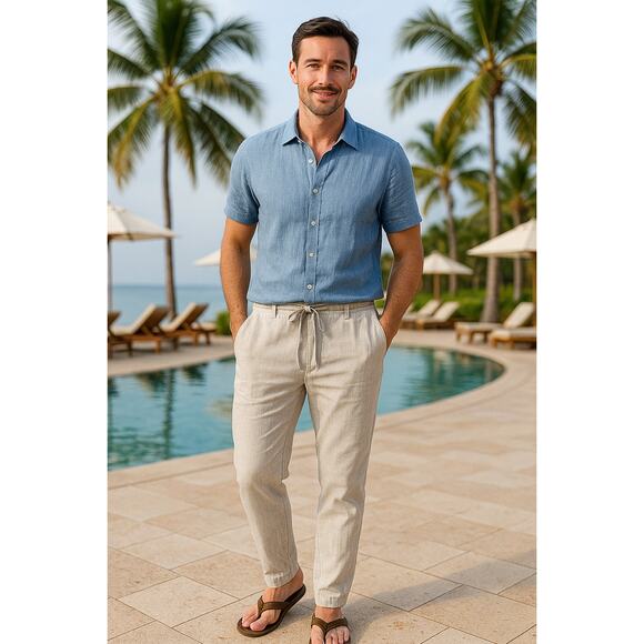 Cubavera beige linen rayon pants m drawstring resort casual beachwear relaxed - Picture 2 of 8